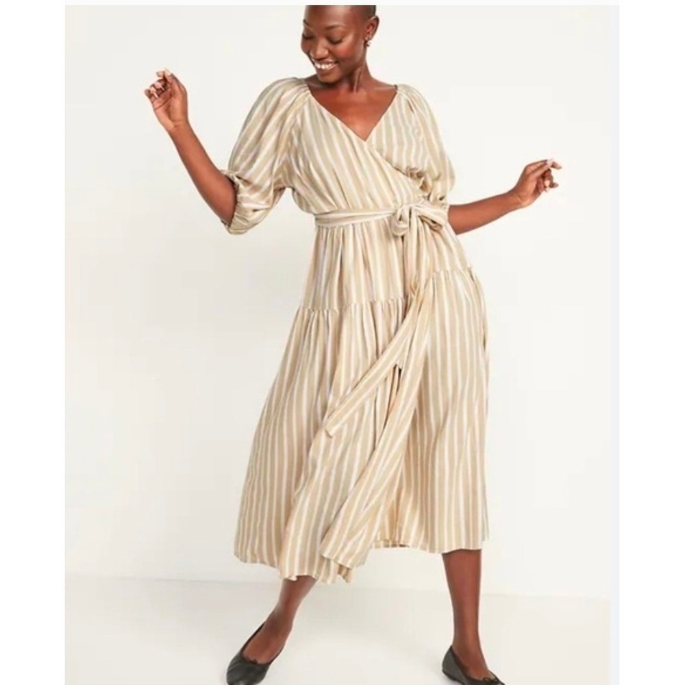 Old Navy‎ Wrap Midi Dress Womens 2X Beige White Striped Puff Sleeve Smocked NWT